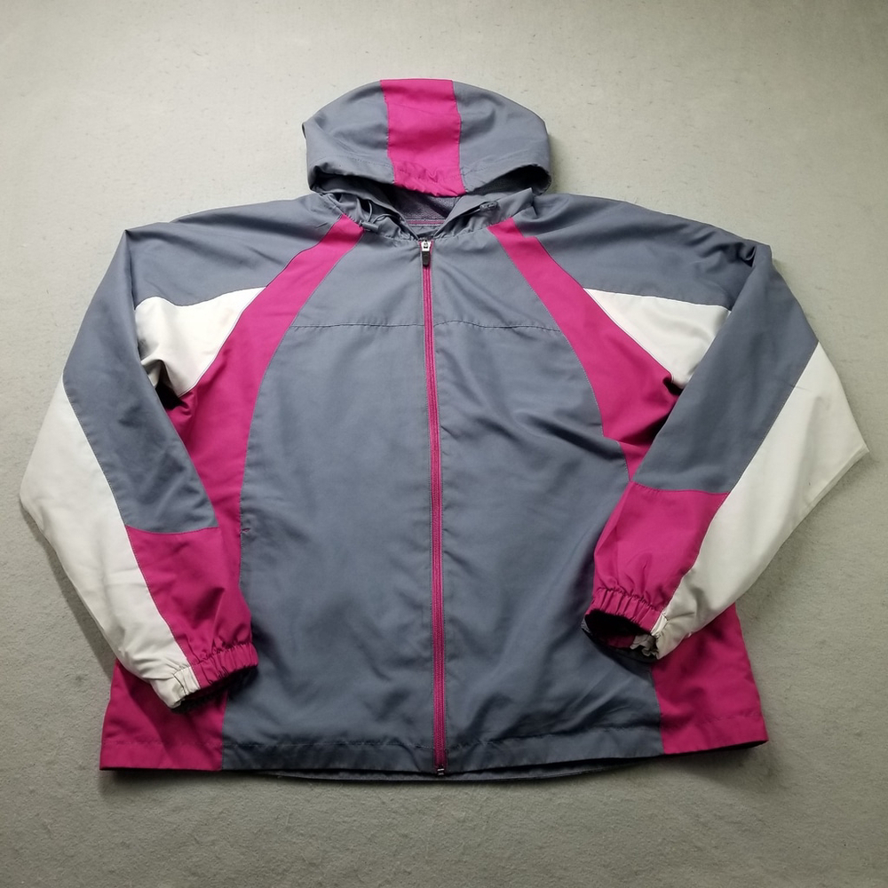BCG Jacket Womens Size 1X Gray Pink Full Zip Active Athletic Windbreaker Hooded